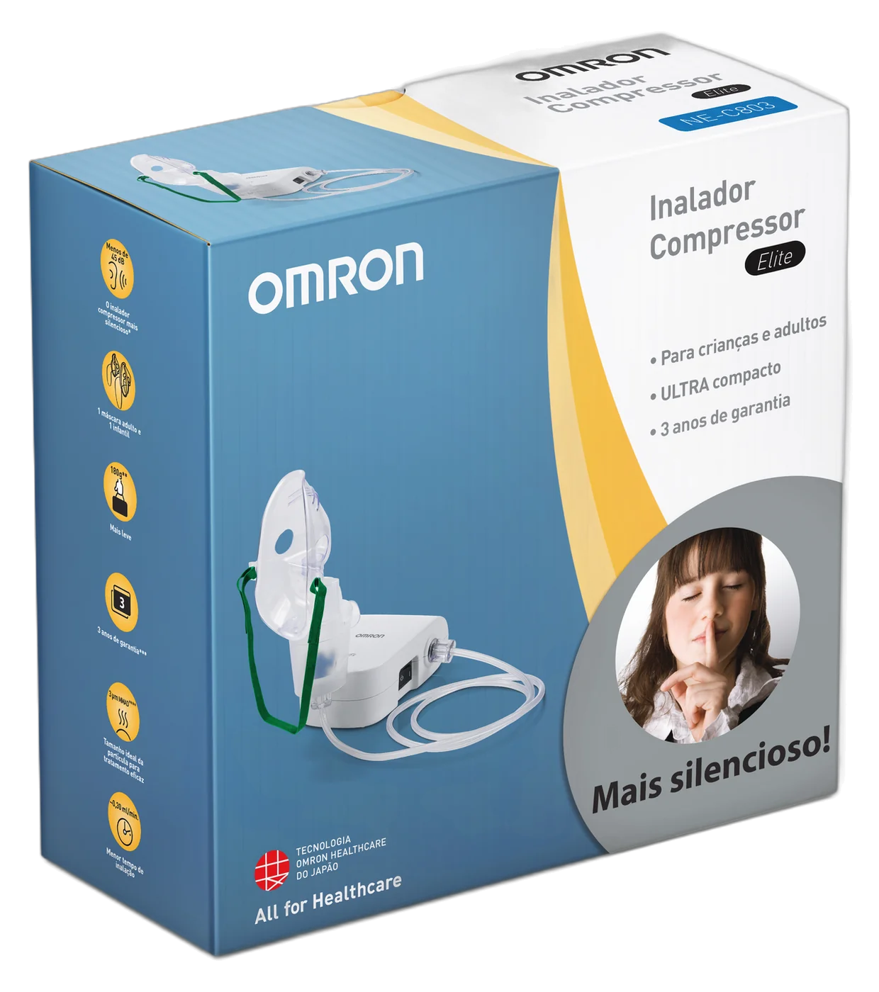 Inalador compressor ultracompacto OMRON Inalar Elite NE-C803 com tubo de ar e copo de nebulização