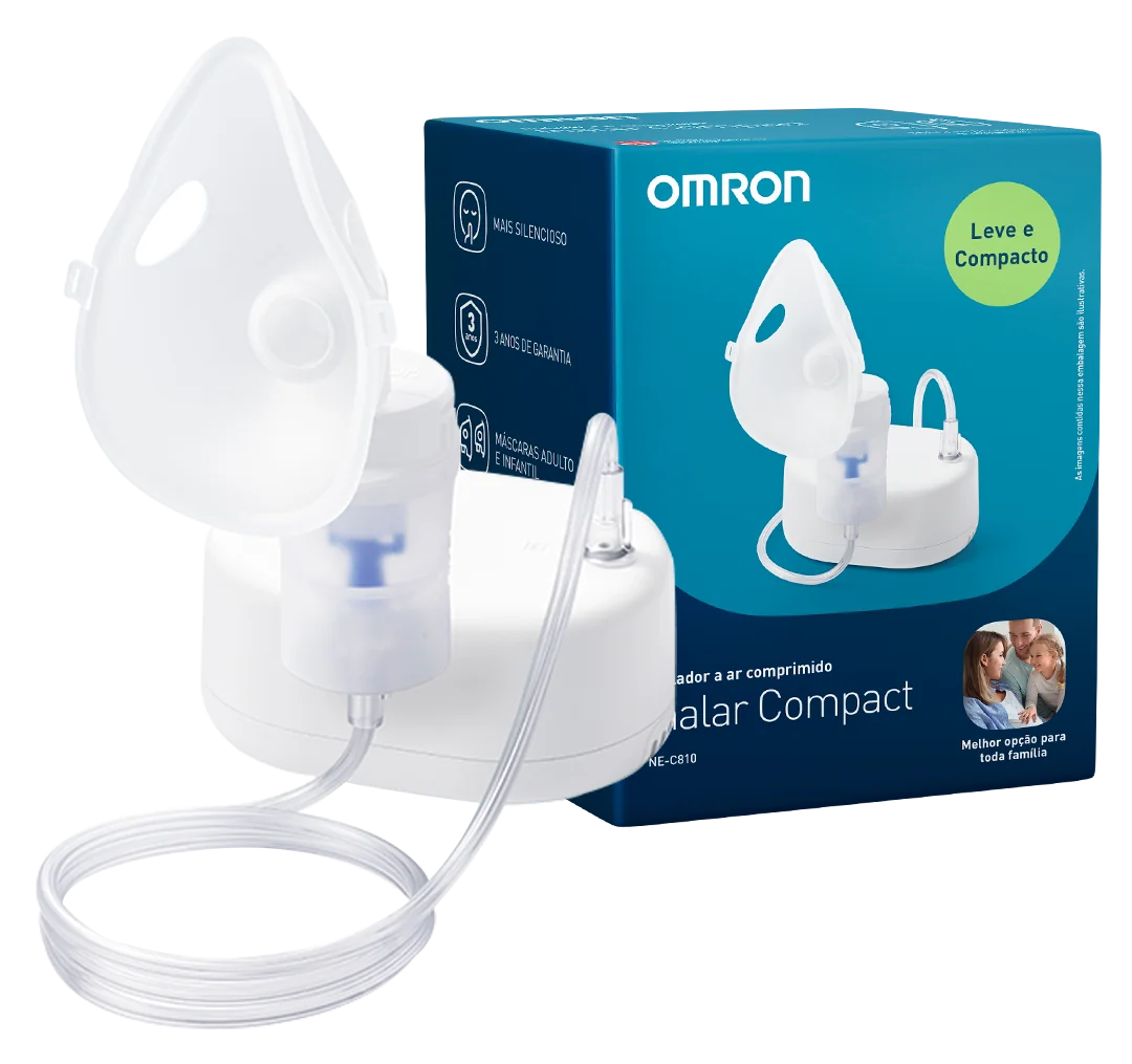 Inalador compressor OMRON Inalar Compact NE-C810 com máscara e tubo de ar