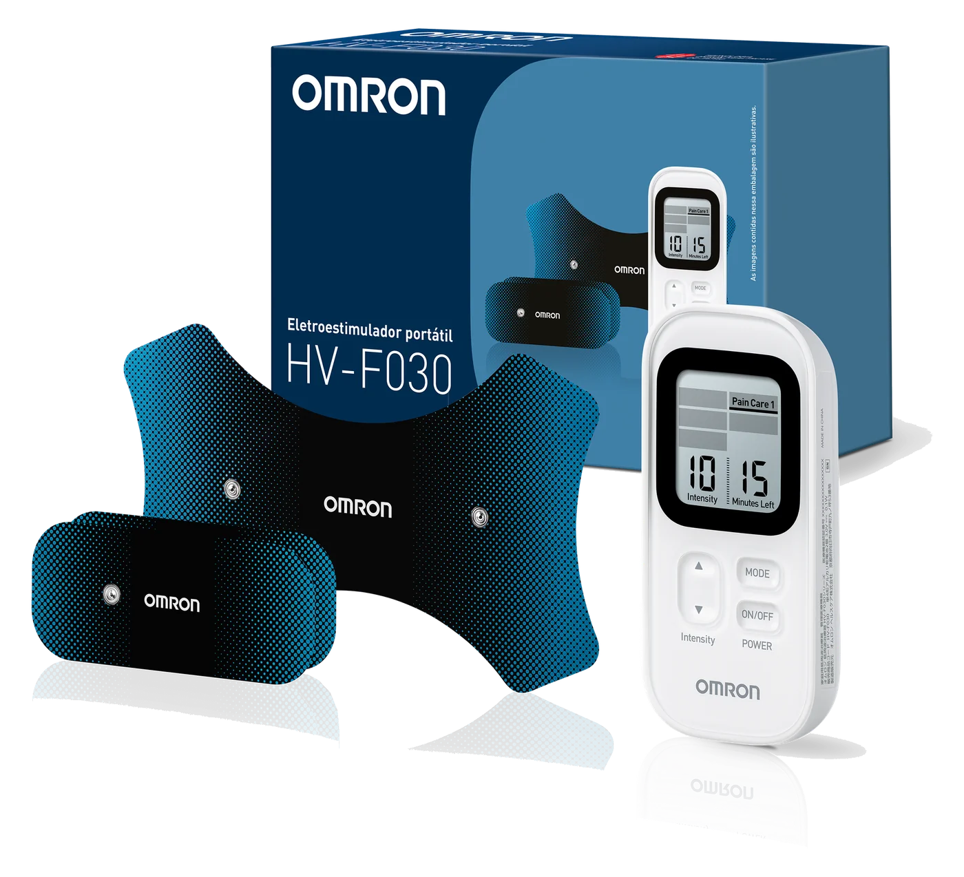 Eletroestimulador portátil OMRON Sport TENS HV-F030 com os pads para músculos e articulações e a caixa
