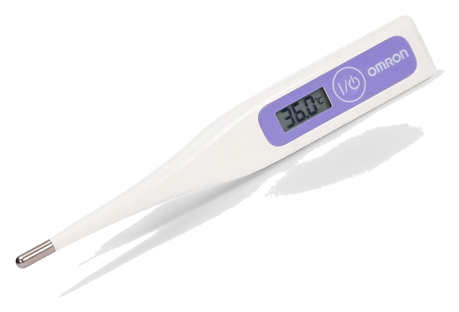 Termômetro digital OMRON MC-246 branco com visor e faixa lilás