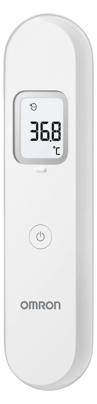 Termômetro digital de testa sem contato OMRON MC-F300 branco com visor mostrando 36,8 °C