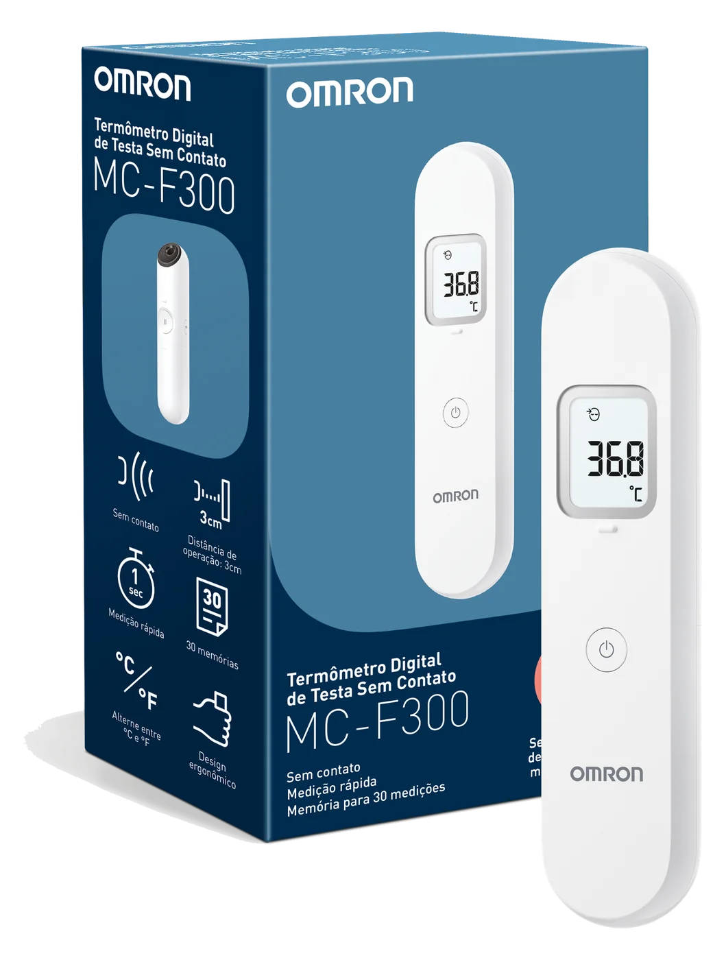 Termômetro digital de testa sem contato OMRON MC-F300 branco com visor mostrando 36,8 °C